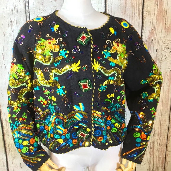 Michael Simon Sweaters - Vintage Michael Simon M Chinese Dragon Beaded Sequins Cardigan Sweater HTF